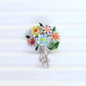 Enamel Floral Flower Bouquet Mid-Century Retro Brooch Pin Multi-Colored Vibrant